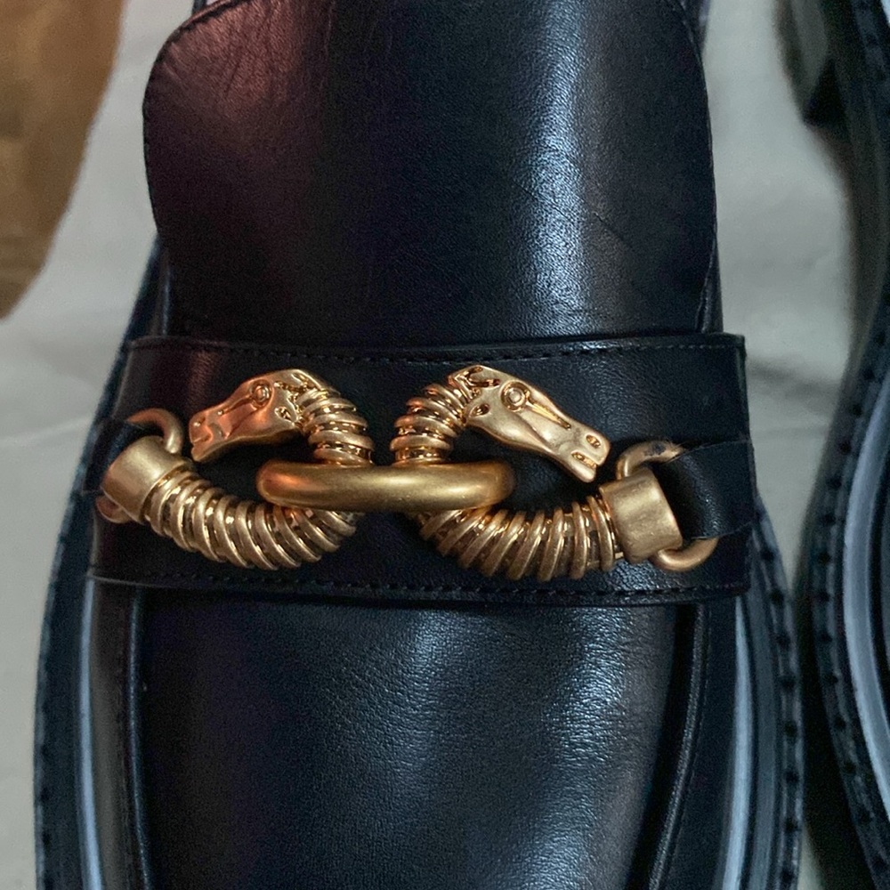 Tory Burch Black Loafers with Gold Chain - Picture 9 of 10